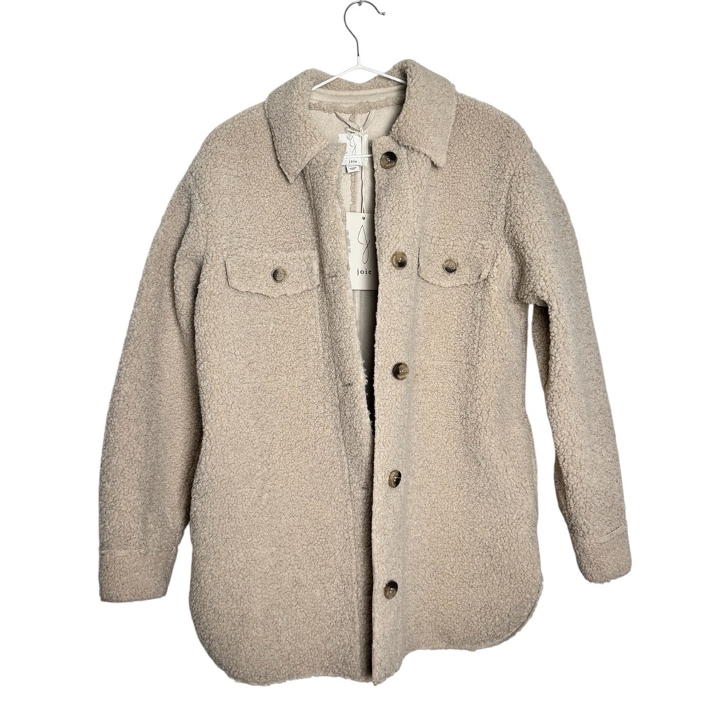 Joie Womens Beige Sherpa Fleece Shacket Button Front Teddy Coat XS NWT - Picture 2 of 5